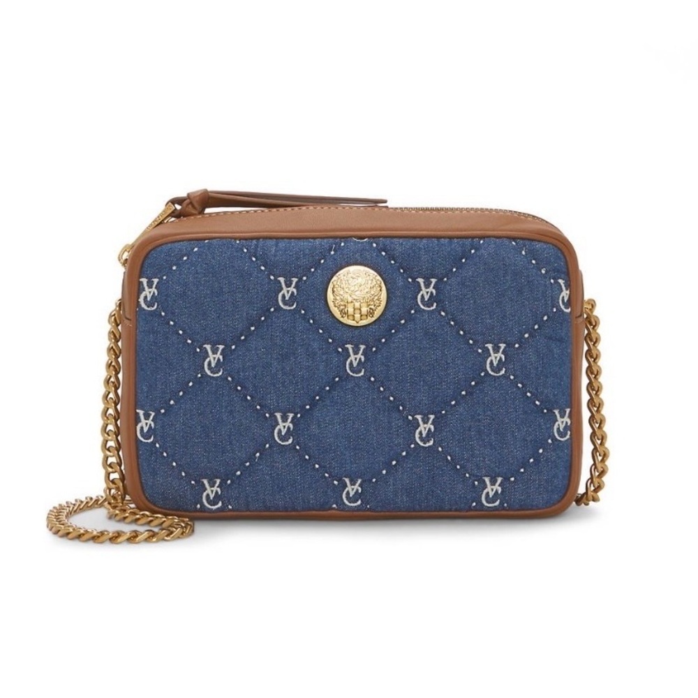 Vince Camuto Kisho Denim Crossbody - Gold Chain Strap Logo Accents Designer